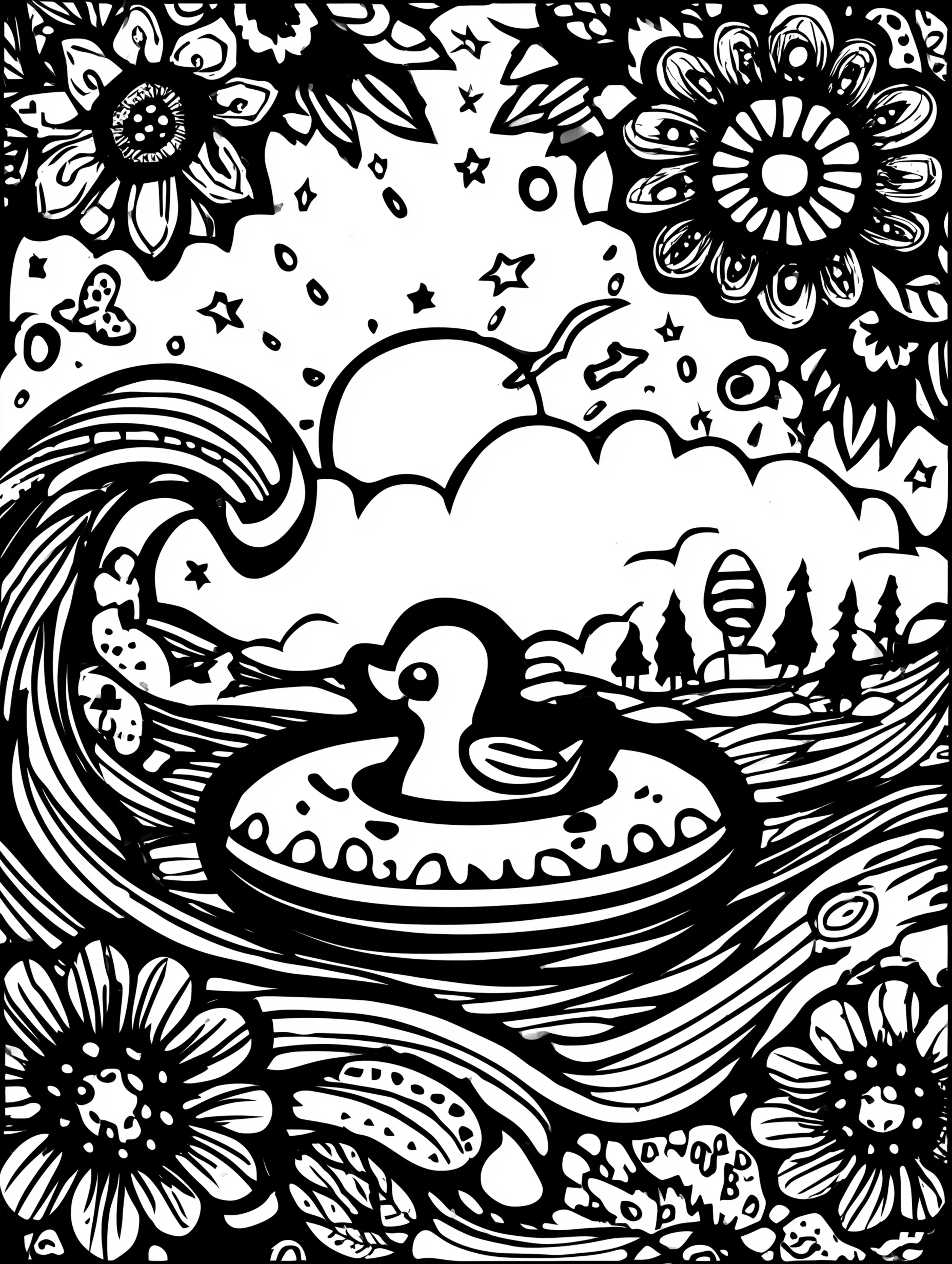 Free printable summer coloring page for adults featuring a duck floating in an ocean inner tube